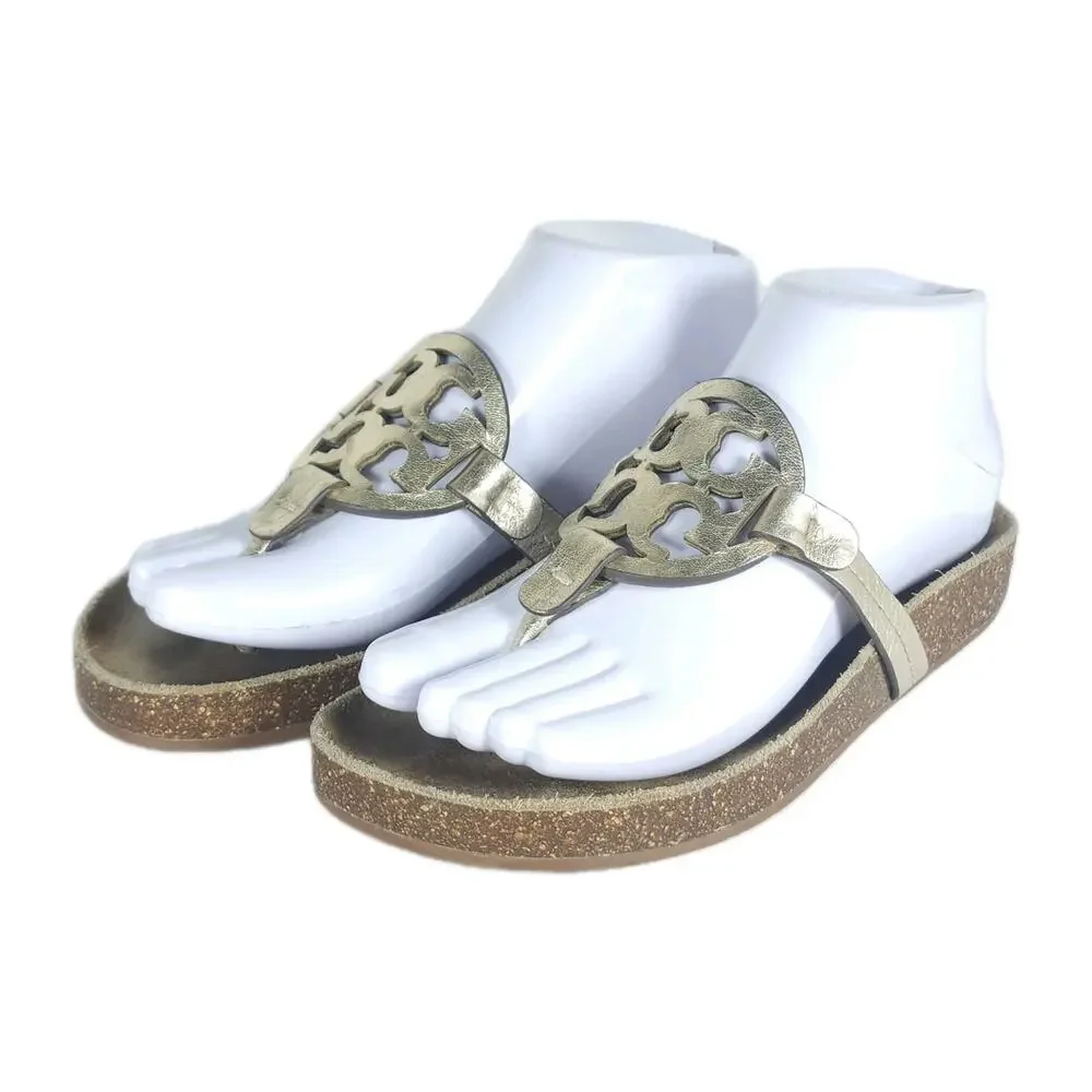 Tory Burch Women's Miller Cloud US5,5M Gold Leather Cork Logo Thong Sandals